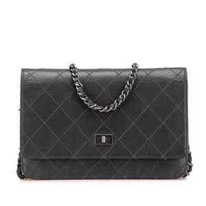 CHANEL 2.55 Wild Stitch Chain Wallet Shoulder Bag A69206 Gray Leather Women's